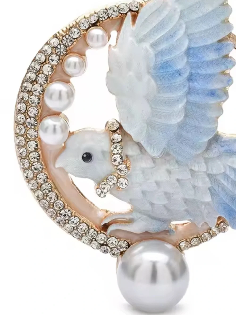 Celestial White Blue Bird Pearl Crystal Brooch